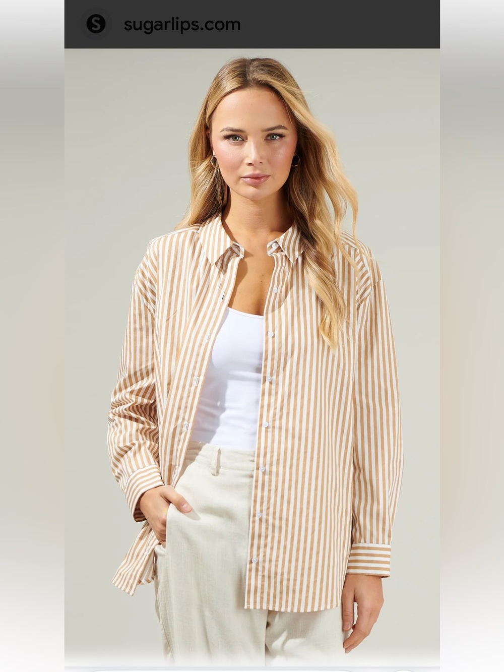 Sugarlips Tan & White Striped Button-Down Shirt